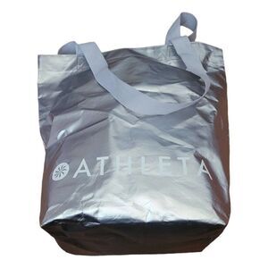 ATHLETA Metallic Silver Tote Reusable Clothes Shopping Bag With Handles 18x12x8